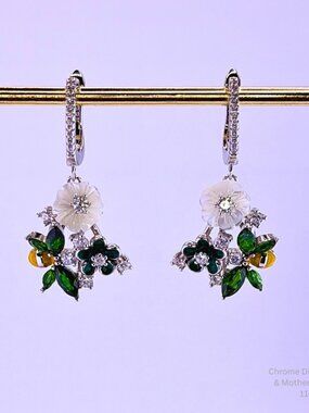 Handmade Jewelry Chrome Diopside Flower Earrings 14K White Gold Botanical